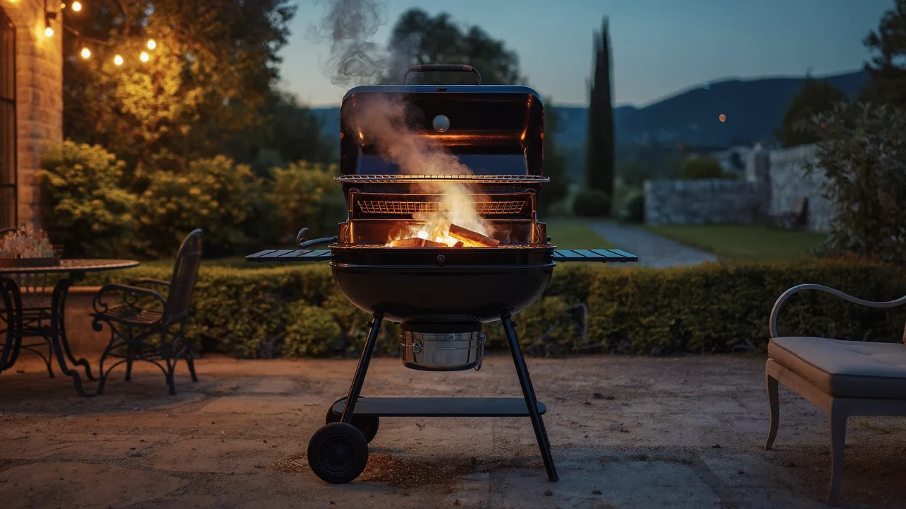 Barbecue à charbon allumé sur une terrasse de jardin au crépuscule, braises et fumée légère