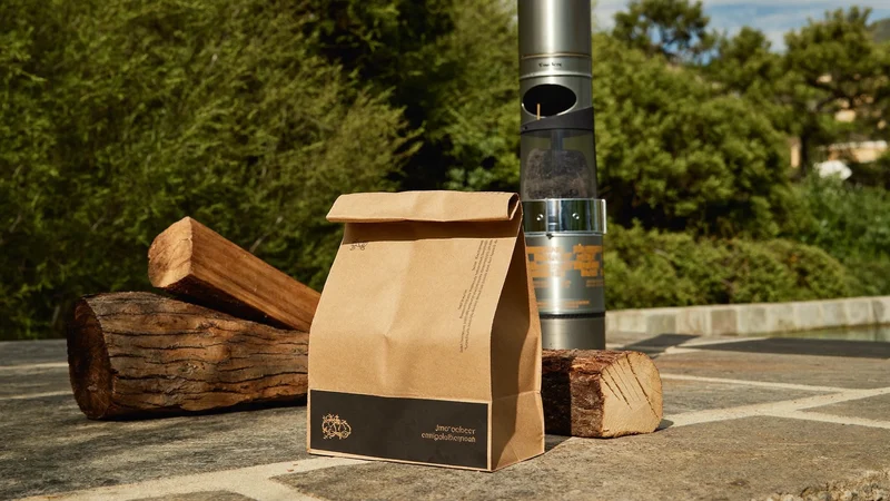 Sac de charbon, bûches de bois dur et cheminée d'allumage sur un patio en pierre