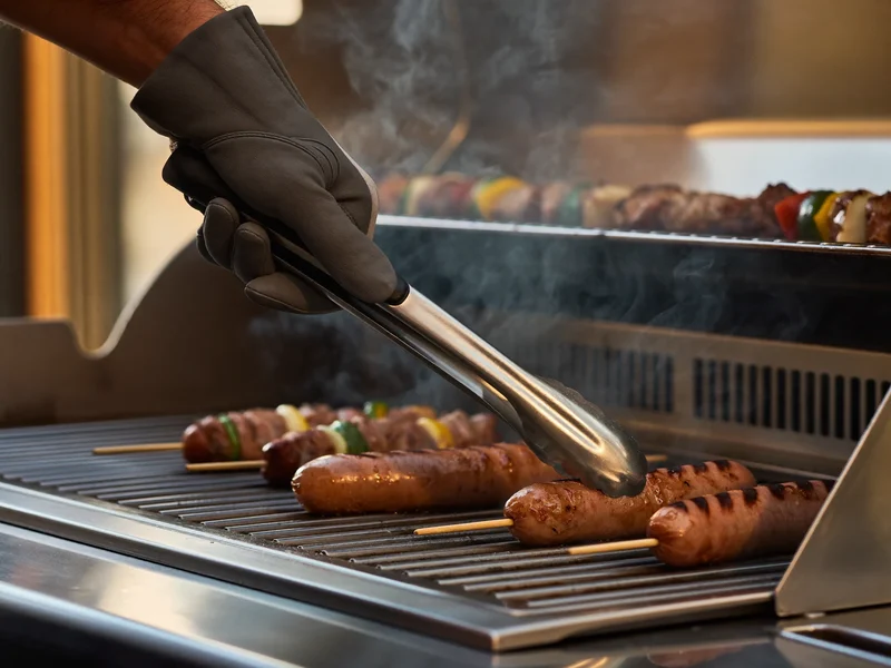 Mains gantées retournant saucisses et brochettes sur un grill chaud dans la fumée