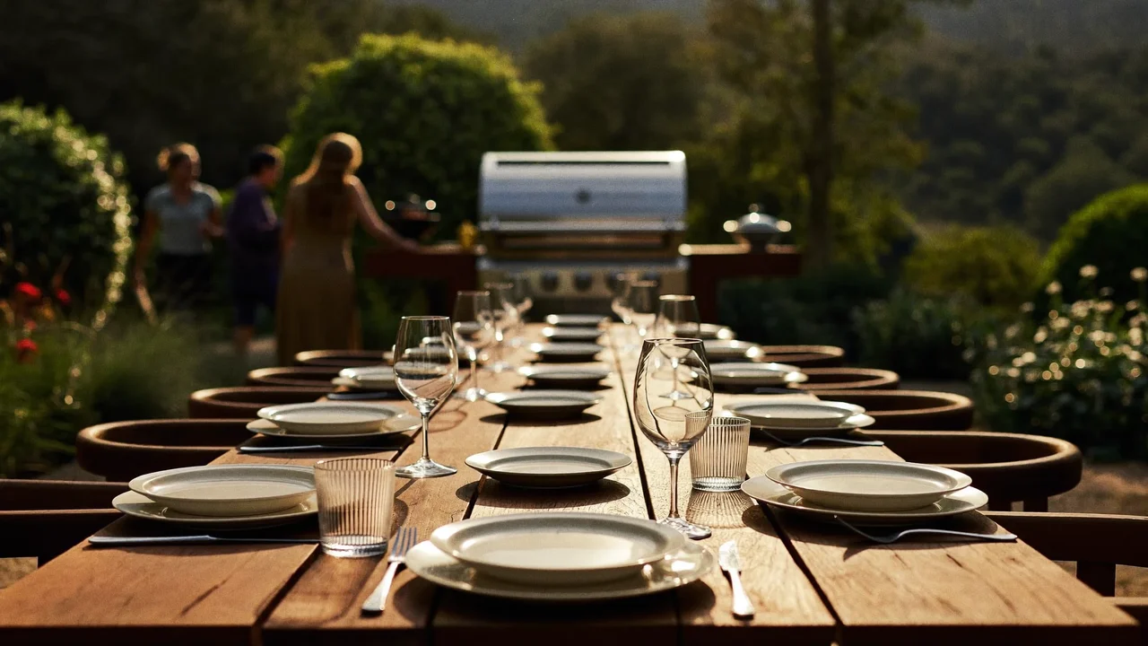 Longue table en bois au coucher du soleil avec un barbecue en arrière-plan