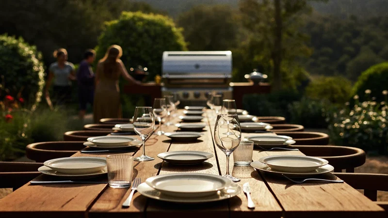 Longue table en bois au coucher du soleil avec un barbecue en arrière-plan